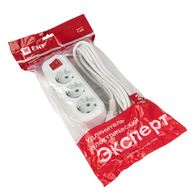 Удлинитель "Эксперт" 3 гнезда 5 метров 16А/3,5кВт с выключателем и заземлением ПВС 3х1 EKF PROxima