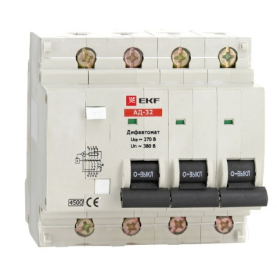 Дифференциальный автомат АД-32 4P 40А/30мА (характеристика C, тип AC) 4,5кА EKF