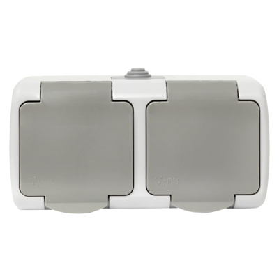 Мурманск Розетка 2-местная 16А с заземлением с крышкой IP54 серый с защитными шторками EKF